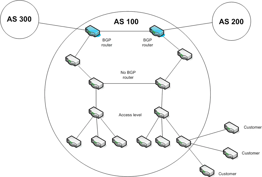 BGP autonomous system topology showing AS 100 with internal structure, connected to AS 300 and AS 200
